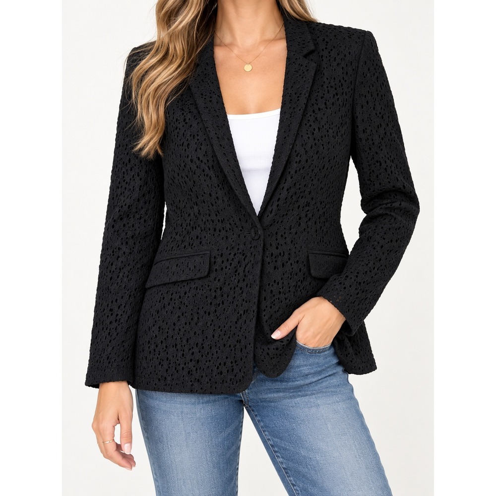 Dana Buchman Black Eyelet Lace Blazer Jacket Size 10 Floral Single Button Career